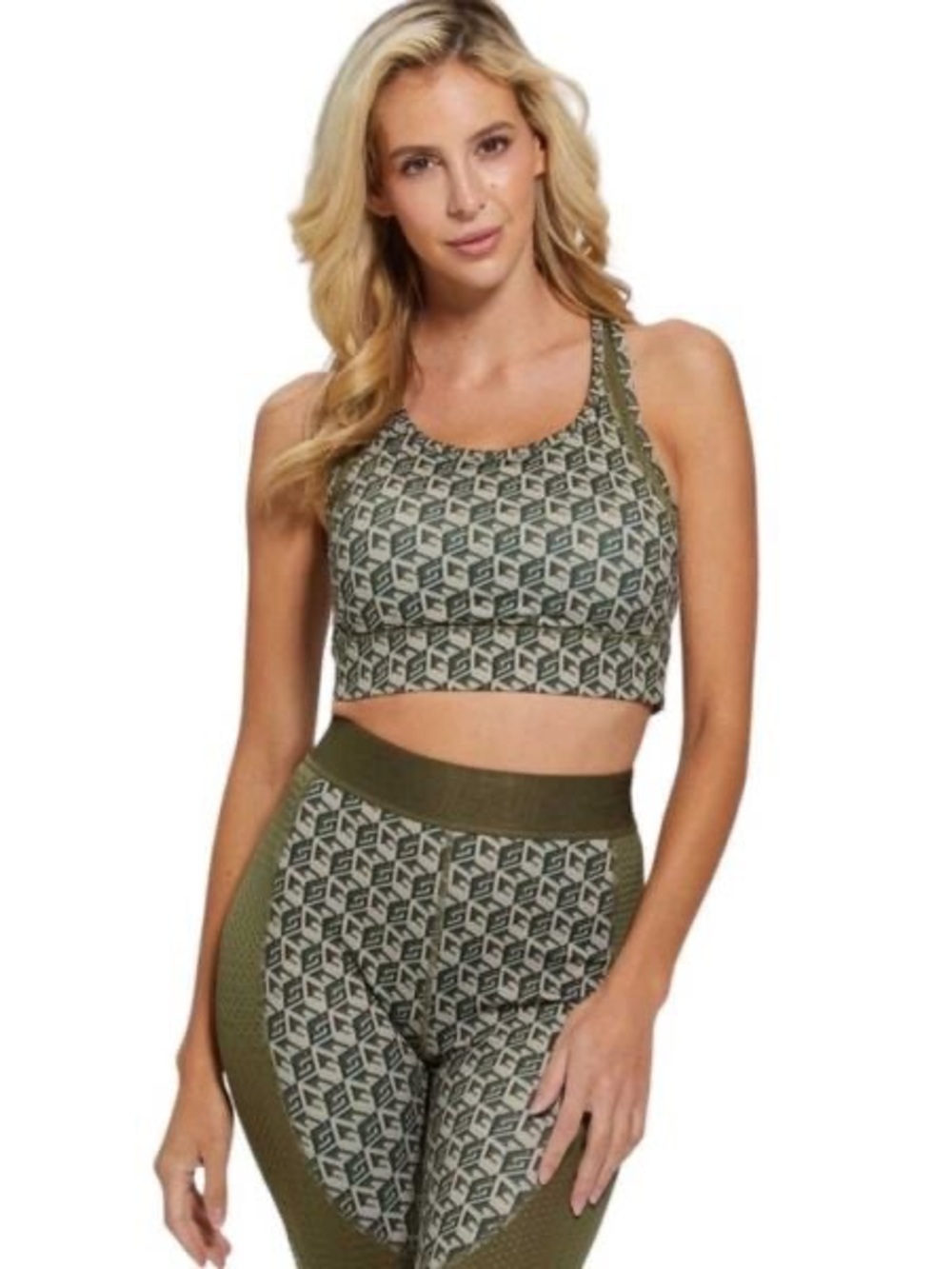 Guess Olive & Cream Geo-Print Seamless Sports Bra
